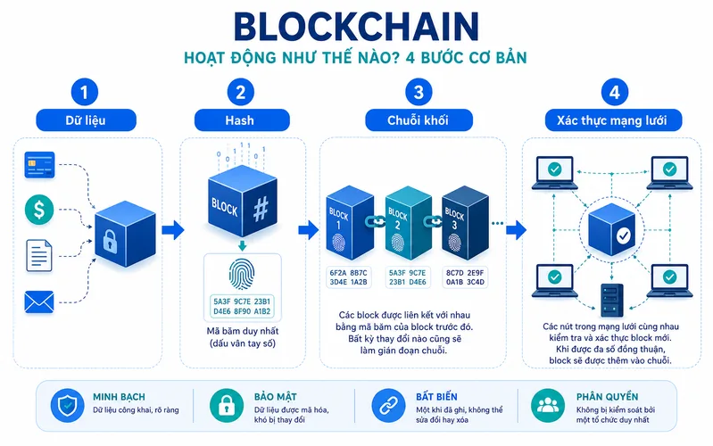 Cách blockchain hoạt động gồm gom dữ liệu thành khối, tạo mã hash, liên kết chuỗi và xác thực bởi mạng lưới.