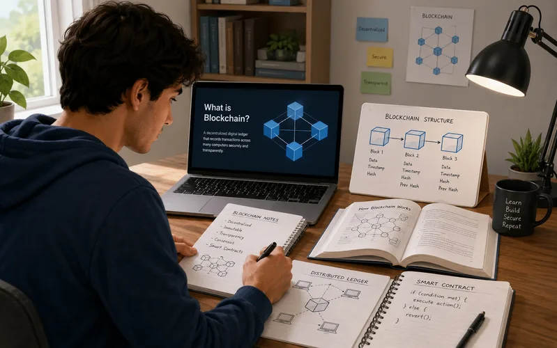 Người mới nên học blockchain từ khái niệm sổ cái, khối, chuỗi, mã hash, xác thực và rủi ro bảo mật.